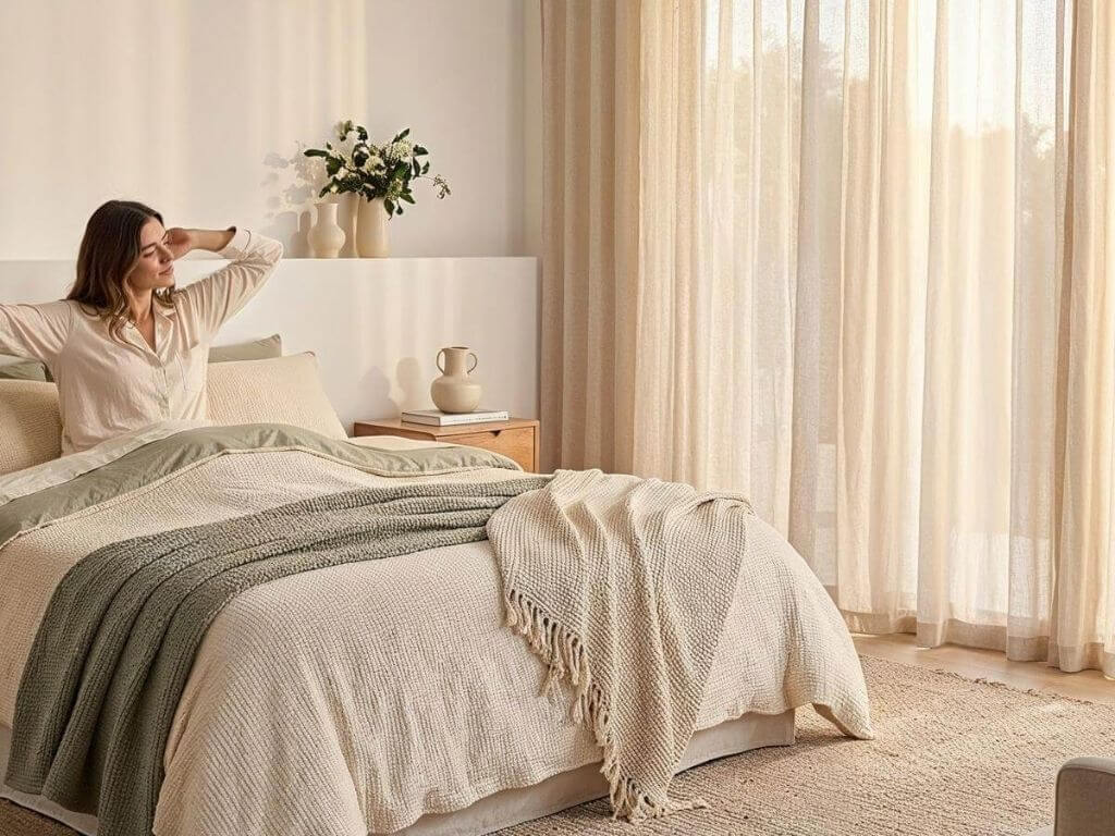 Person sleeping peacefully in a calm, dimly lit bedroom with soft linen bedding