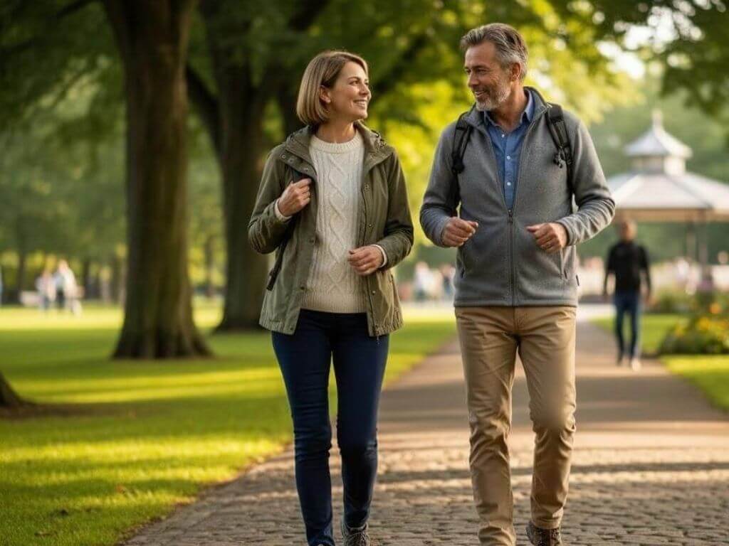 Couple walking briskly along a countryside path for daily exercise and healthy circulation